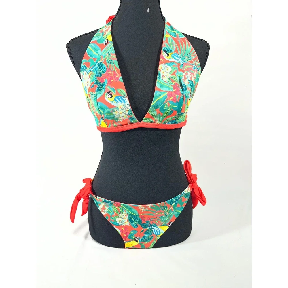 Women‎ Tropical Parrot Print Halter Bikini S Orange Side Tie 2 Piece Reversible